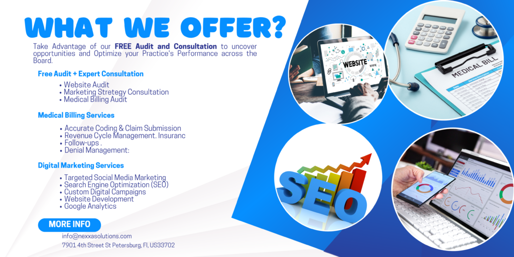 "A professional banner showcasing Nexa Solutions LLC’s services in medical billing and digital marketing for healthcare providers. The design highlights key offerings, including SEO, social media management, Google Ads, website development, data analysis, and medical billing solutions, emphasizing efficiency, cost savings, and patient acquisition."